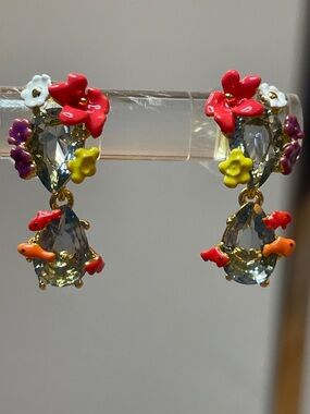 Les Néréides Multicolor Floral Crystal Drop Earrings Statement Enamel Flower Ear